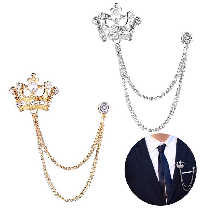 Shuxy 2PCS Men's Crown Hanging Chain Brooch with Stone Detailing, Engraving, Metal Crystal, Suit Stud Lapel Pin, Vintage Rhinestone Breastpin Wedding Brooch Pin, Gold and Silver - Image 1